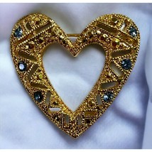 Vintage Heart Brooch Gold Tone Blue Rhinestones Filigree Design - £11.97 GBP