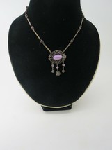 Antique Filigree Necklace Pendant Purple Oval Art Glass Pink Rhinestones... - £70.97 GBP