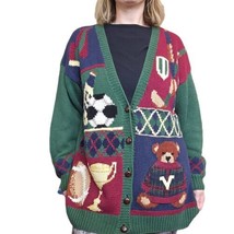 90s Teddy Bear Cardigan Sweater Sports M/L Handknit Football Soccer Chee... - $57.87