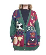 90s Teddy Bear Cardigan Sweater Sports M/L Handknit Football Soccer Chee... - $57.87