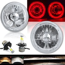 5-3/4&quot; Red LED Halo Angel Eye Crystal Headlight w/ 6k 20/40w LED Bulb Pair - £97.74 GBP
