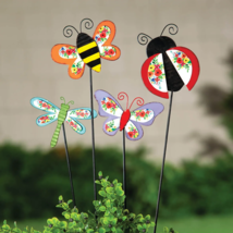 Set of 4 Floral Bug Stakes Metal Garden Lawn Flower Pots Outdoor Yard Art Decor - £15.59 GBP
