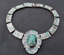 R. Espino Chrysocolla Inlay Mexican Mayan Mask Face Sterling Silver Necklace - £237.24 GBP