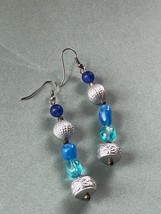 Long Cobalt &amp; Turquoise w Ornate Silver Colored Plastic Dangle Earrings for Pier - £8.88 GBP