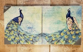 NEW 2 Hand Embellished Lacquered Canvas Wrapped Art Prints Peacocks 14&quot; ... - £38.82 GBP