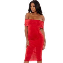 Off the Shoulder Dress Mid Length Midi Short Sleeves Red 886803 Large - £43.52 GBP