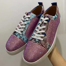 Pink Rhinestone Sneakers Man Round Toe Mixed Color Leather Patchwork Lace Up Fla - £120.47 GBP