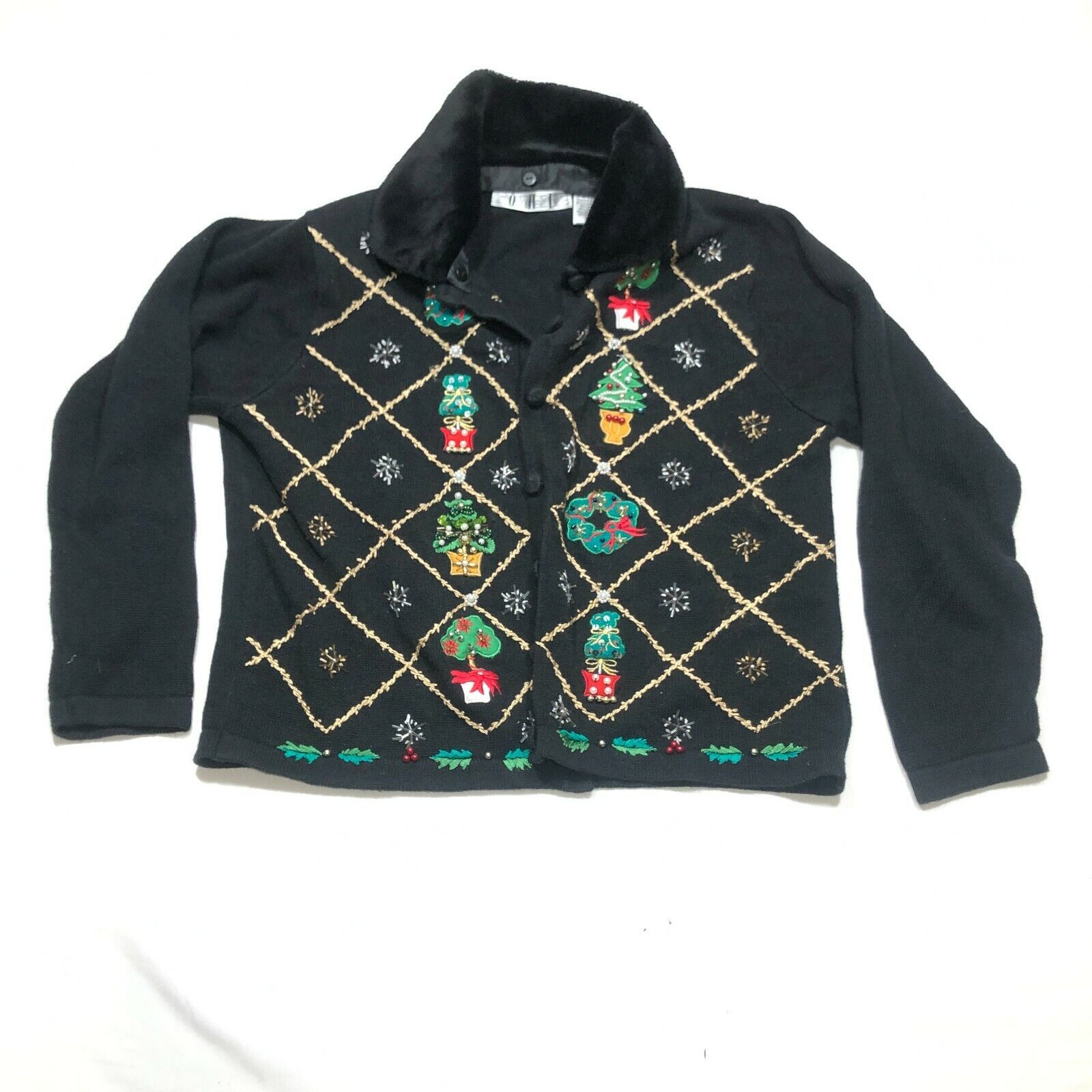 Vintage Ohi Ugly Weihnachten Strickjacke Pullover Damen L Schwarz Knopf ... - $23.75