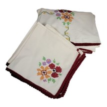 Large Hand Embroidered Cross Stitch Tablecloth Rectangle 10.5’ x 6.5’ + 6 Napkin - $98.16