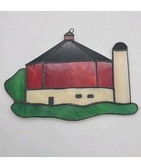 Vintage Stained Glass Red Round Barn with White Silo Sun Catcher Window  - $19.00