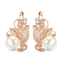 New Round Pearl Dangle Earrings for Women 585 Rose Gold Hollow Flower Ethnic Bri - £10.44 GBP