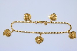 18K Yellow Gold Diamond Cut Bar Link Filigree Heart Charm Bracelet - £633.54 GBP