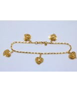 18K Yellow Gold Diamond Cut Bar Link Filigree Heart Charm Bracelet - $1,090.10 CAD