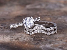 Round Cut 2.95Ct Simulated Diamond Wedding Ring Trio Set 14K White Gold Size 8 - £258.78 GBP