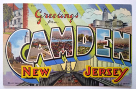 Greetings From Camden New Jersey Large Letter Postcard Linen Curt Teich Bridge - £9.06 GBP