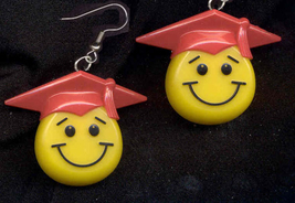 Graduation Smiley Face EARRINGS-Funky Novelty Jewelry-RED Cap - £5.59 GBP