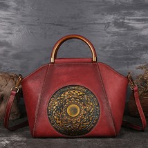 Genuine Embossed Leather Messenger Top Handle Bag Retro Handbag Totem Pattern Hi - £91.24 GBP