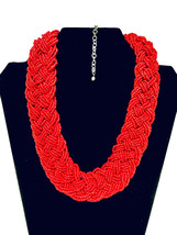 Vintage 1990&#39;s Red Seed Beads Handcrafted Wide Triple Braid Choker 22&quot; Necklace - $16.95