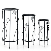 3 Pieces Metal Plant Stand Set with Crystal Floral Accents Round-Black - £110.27 GBP