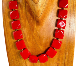 Napier Lucite Necklace Red Gold Tone Beads Chunky Signed 18” - $17.75