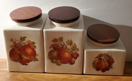 Hyalyn 199L 199S Mid Century MCM Ceramic Canisters Lot Of 3 Fruit theme Wood Lid - £52.30 GBP