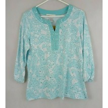 NWT Cathy Daniels Blue &amp; White Beaded Floral Paisley 3/4 Sleeve Blouse Size S - £15.36 GBP