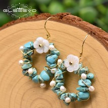 GLSEEVO Handmade Statement Round Crystal Drop Earrings Natural Turquoise Flower  - £18.52 GBP