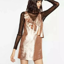 Zara Trafaluc Womens Size M Metallic Copper Pink Rose Gold Ruffle Mini Dress - £19.06 GBP