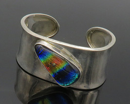 925 Sterling Silver - Vintage Dichroic Glass Shiny Smooth Cuff Bracelet - BT5937 - £98.86 GBP
