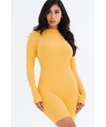 Gold Yellow Mock Neck Long Sleeve Back Zipper Ribbed Knit Romper - £9.59 GBP