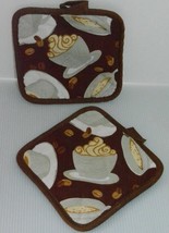 Set of 2 Brown Coffee Bean Cups Mugs Cappuccino Kitchen Pot Holders w/ L... - $8.99