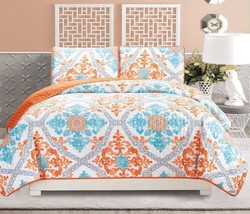 3-Piece Fine Printed Quilt Set Reversible Bedspread Coverlet, Orange). - $64.93