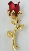 Brooch Rose Pin Vintage Open Red Gold Metal Full Stem - £11.86 GBP