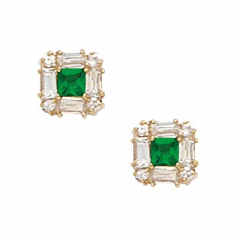 Primary image for 14K Yellow Gold 7MM Square Cut Prong Set Emerald May Birthstone Studs ER-PE1-5