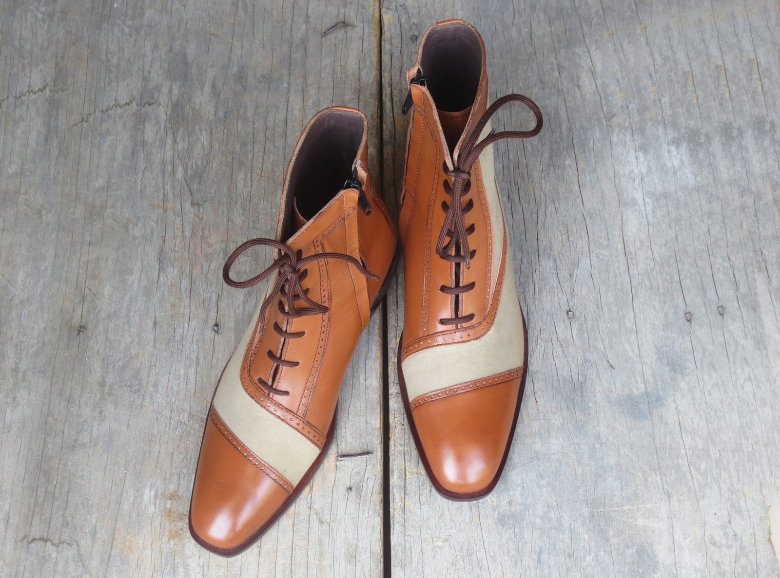 New Men's Handmade Ankle High Beige Tan Cap Toe Lace Up Leather Dress Boots
