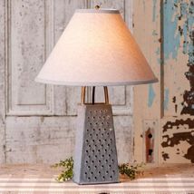 Country Cheese Grater Lamp with Linen Shade in distressed Tin image 2