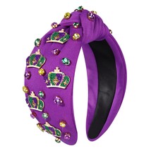 Mardi Gras Headband for Women Mask Knotted Headband Purple Green Gold Crystal Rh - £25.58 GBP