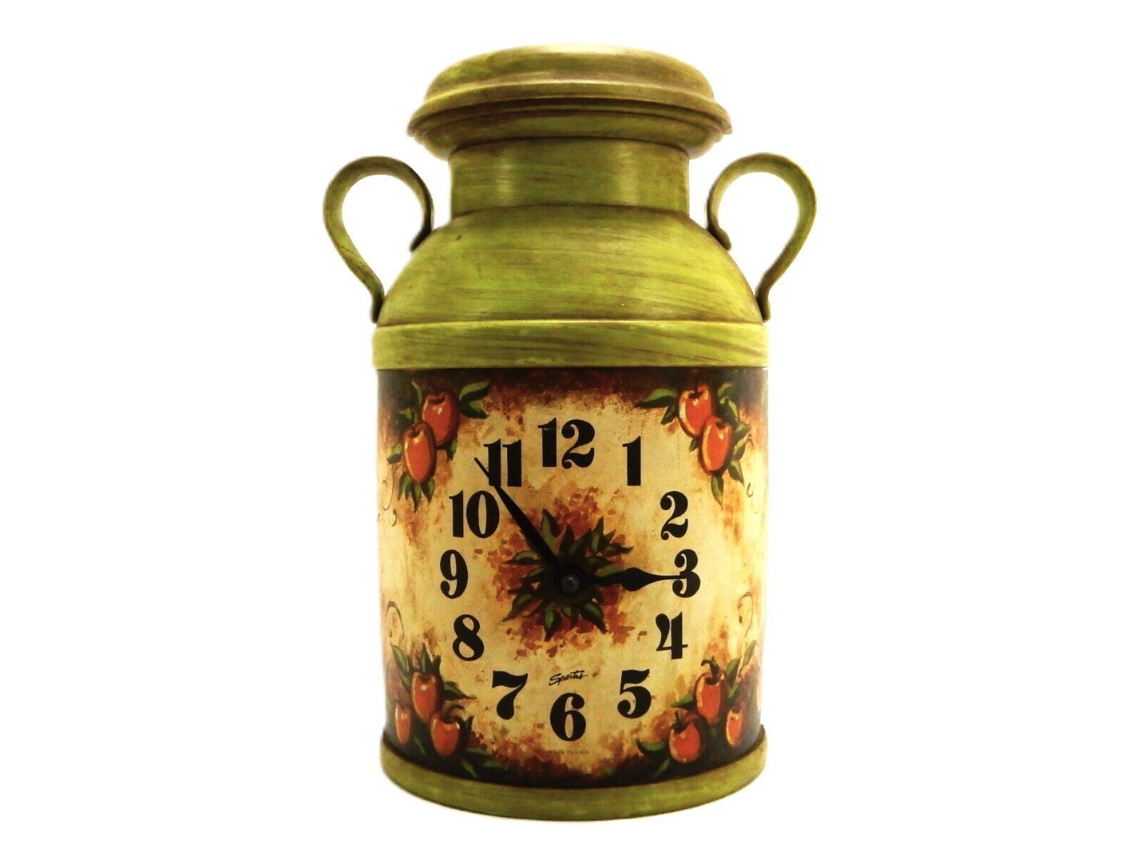 Vintage Spartus Green Milk Can Wall Clock, Apples &amp; Leaves, Electric, Wo... - $29.35