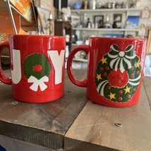 2 Waechtersbach Germany Coffee Mug Christmas Wreath &amp; JOY Red Winter Holiday - £18.62 GBP