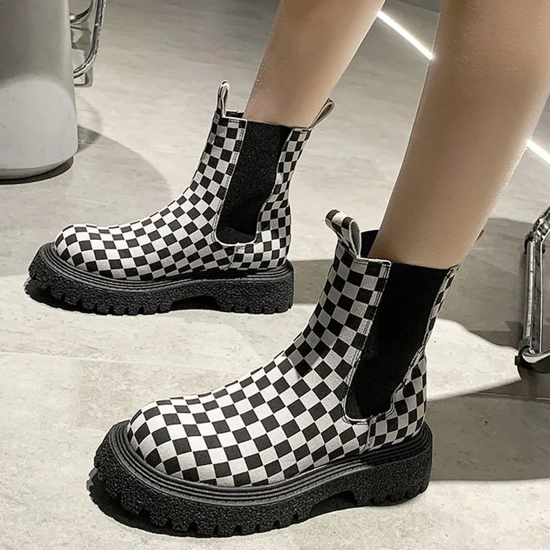 Women Ankle Boots Slip-On Plaid Platform Chelsea Shoes Female -Up Flock Spring A - £289.54 GBP