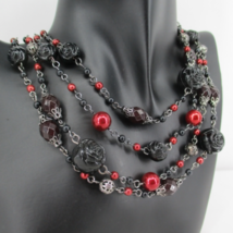 Y2K Victorian Gothic Revival Dark Metal Red Bead Rose Faux Pearl Necklace - £13.40 GBP