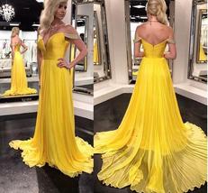 Off the Shoulder A-line Yellow Chiffon Evening Dress Floor Length Women ... - £118.83 GBP