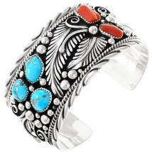 Native Navajo XLG Sterling Silver Turquoise Coral Feather BRACELET Mens ... - £687.30 GBP