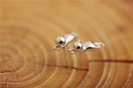 3D Sterling silver .925 small cute cat kitty animal stud earrings Gift box party - £20.58 GBP