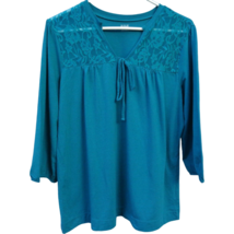 ANA Teal Blue Lace Accent Knit Blouse Top 3/4 Sleeves XL Stretch Cotton ... - £10.25 GBP