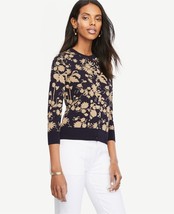 Ann Taylor Shimmer Floral Navy Blue 3/4 Sleeve Button Round Neck Cardiga... - £31.38 GBP