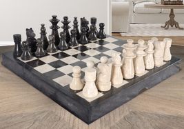 Black Marble Coffee Chess Table Top, With Set Pieces, Side Chess Table Top Decor - £257.83 GBP