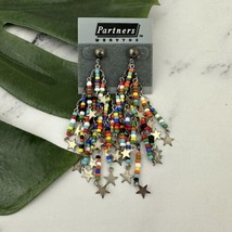 Partners Womens Vintage Chandelier Dangle Beaded Earrings NOS Rainbow Stars - £14.78 GBP