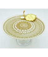 Turkish Glass White Cake Stand Glass Pedestal Dessert Platter Gold Lace ... - $49.00