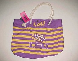 LSU Tigers Logo NCAA SEC Purple Yellow Rope Handle Nautical Stripe Tote Bag New - $25.40